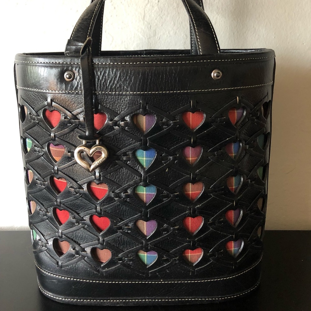 Brighton Black Leather Plaid Heart Cutout Handbag